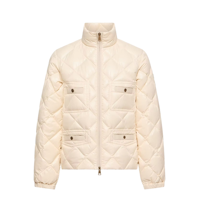 Image 1 of 1 - NEUTRAL - Moncler Womens Lavaret Short Down Jacket in a lightweight warmth ideal for in-between days. Crafted from nylon laqu with a glossy finish, diamond quilting and down filling. Features zipper closure, patch pockets with snap button closure, elastic drawstring waist at the back, and logo patch. Exterior 100% Polyamide / Nylon; Lining: 100% Polyamide / Nylon; Padding: 90% Down, 10% Feather. Made in Romania. 