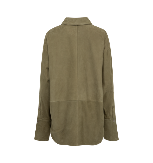 Image 2 of 2 - GREEN - LOEWE Shirt crafted in lightweight suede lambskin in a relaxed fit and regular length. Featuring asymmetric construction with a batwing sleeve on one side, classic collar, buttoned French cuffs, concealed button front fastening, unlined. Made in Italy. 