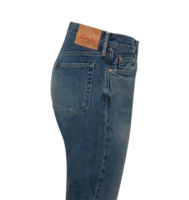 Image 2 of 2 - BLUE - CHIMALA Selvedge Denim Narrow Tapered Cut featuring relaxed cropped fit, 5 pocket styling, button fly, a deep rise, copper rivets and a narrow tapered fit. 100% cotton. 