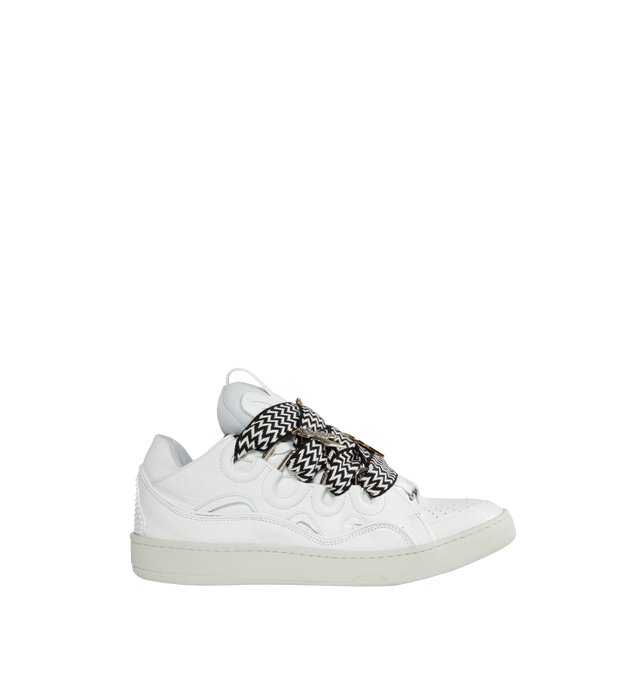 Image 1 of 5 - WHITE - LANVIN LAB X FUTURE Curb and Pins Sneakers featuring leather upper, front pull loop, front lace-up closure, padded tongue, logo details and rubber sole. 100% calf. Lining: 20% elasterell-p, 80% polyamide. Made in Italy. 