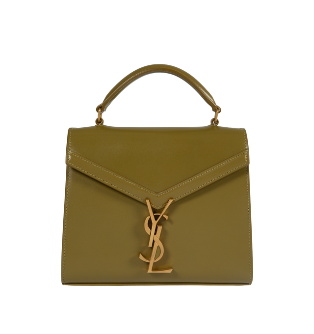 GREEN - SAINT LAURENT CASSANDRA MINI TOP HANDLE BOX BAG with front flap and pivoting metal Cassandre closure, featuring leather top handle, adjustable and detachable shoulder strap, bronze tone metal hardware,  leather lining, 2 interior compartments, one interior flat pocket, one exterior dossier pocket, four metal feet. Measures  7.8 X 6.2 X 2.9 inches with 20 inch drop shoulder strap. Calfskin leather. Made in Italy.