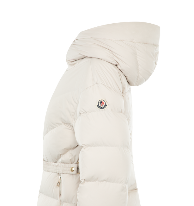 Image 3 of 3 - WHITE - MONCLER Brosse Short Down Jacket featuring brushed polyester, longue saison lining, down-filled, hood, zipper closure, zipped pockets and elastic belt with logo buckle. 100% polyester. Padding: 90% down, 10% feather. 