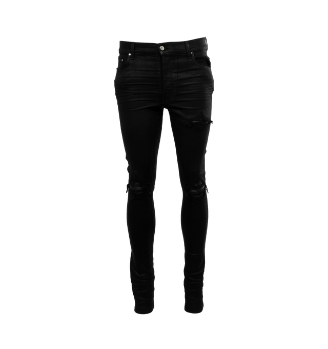Image 1 of 3 - BLACK - AMIRI Wax Jeans featuring belt loops, five-pocket styling, button-fly, hand-distressed detailing at front, quilted grained leather underlay at legs, leather logo patch at back waistband and logo-engraved silver-tone hardware. 92% cotton, 6% elastomultiester, 2% elastane. Trim: 100% leather. Made in United States. 