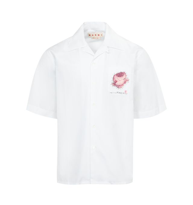 Image 1 of 2 - WHITE - MARNI Bowling Shirt featuring boxy fit with button closure, embellished with a flower patch on the chest pocket and hand-stitched Marni mending logo with flower detail. 100% cotton. Made in Italy. 