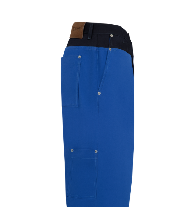 Image 3 of 3 - BLUE - LOEWE Trousers in lightweight cotton canvas featuring a contrasting paneling placed at the waist, regular fit, regular length, mid waist, straight leg, button fastening, concealed zip fly, front slash pockets, rear patch pockets and LOEWE debossed suede patch placed at the back. Cotton. Made in Italy. 