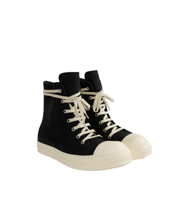 Image 2 of 5 - BLACK - RICK OWENS High-Top Sneakers featuring cap toe, lace-up closure, zip closure at inner side, metal eyelets, buffed calfskin lining and treaded thermoplastic rubber sole. Upper: calfskin. Sole: thermoplastic rubber. Made in Italy. 