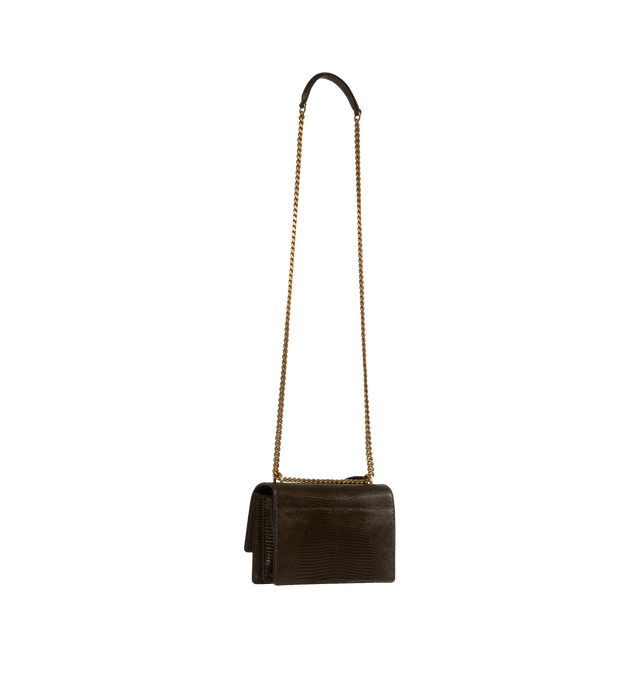 Image 2 of 3 - GREEN - SAINT LAURENT Sunset Small Lizard Crossbody Bag featuring signature YSL logo lettering, sliding chain and leather crossbody strap with logo tag, 11"L, shoulder or crossbody bag, flap top with magnetic closure, exterior slip pocket under flap, divided interior and light bronze hardware. 5.1"H x 7.4"W x 3.1"D. Lizard leather. Made in Italy. 