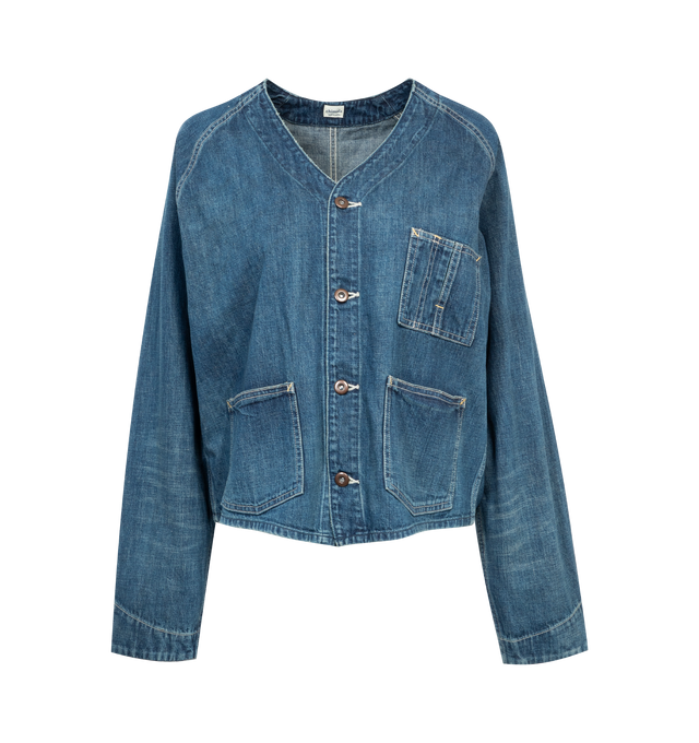 Image 1 of 2 - BLUE - CHIMALA V-Neck Cardigan Jacket crafted from 100% cotton 13.4 oz Selvedge denim woven on 1930's looms with natural indigo dye and hand distressing. Featuring 3 front pockets, raglan sleeves. Made in Japan. 