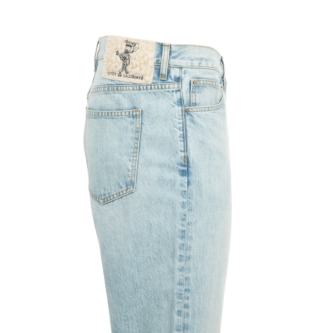 Image 3 of 3 - BLUE - COUT DE LA LIBERTE Rafa Crispy Denim Jeans featuring straight leg, five-pocket styling, button zip closure and fading throughout. 100% cotton. 