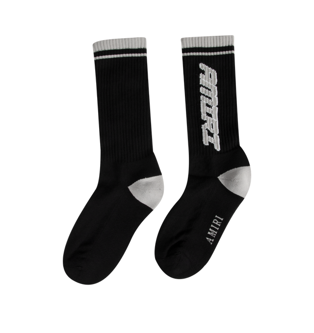 Image 2 of 2 - BLACK - Amiri Men's Logo Socks featuring calf-high knit stretch cotton-blend socks, stripes and logo at rib-knit cuffs and at sole. 78% cotton, 20% polyester, 2% spandex. Made in China. 