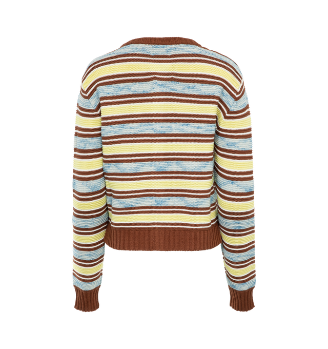 Image 2 of 2 - BROWN - ROSIE ASSOULIN Striped Crewneck Cardigan featuring knit texture, ribbed trim, striped throughout and button front closure. 100% cotton. Made in Italy. 