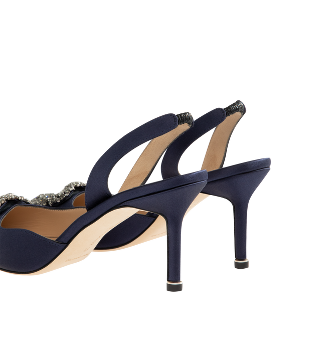 Image 3 of 4 - NAVY - MANOLO BLAHNIK Hangisli Slingback Pumps featuring satin almond toe slingback pump, elasticated slingback ankle strap, square crystal buckle and stiletto mid heel. 68% viscose, 32% silk. Lining: 100% kid leather. Heel measures 70 mm. Made in Italy. 