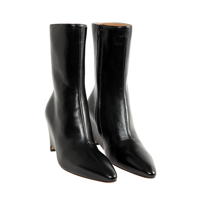Image 2 of 4 - BLACK - Maison Margiela Women's Heel-Less Ankle Boots are crafted from soft nappa leather and reinterpret the Maison's archival heel-less silhouette with a sleek pointed toe and sculptural wedge heel. The seamless upper rises into an 80mm wedge, while the signature single white stitch at the back provides an understated house detail. Upper: 100% Ovine Leather. Lining: 100% Ovine Leather. Inside: 100% Ovine Leather. Sole: 100% Calf Leather. Heel Height: 80 mm / 3.1 in. Made in Italy. 