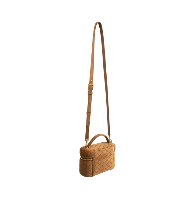 Image 2 of 3 - BROWN - Saint Laurent Women's Gaby Vanity Bag is crafted from suede calfskin and features the house's signature YSL 'CASSANDRE' logo, diamond-quilted topstitching, a top handle, and an adjustable, detachable shoulder strap. Designed for versatile day-to-evening wear, this compact vanity silhouette is finished with a zip-around closure, bronze-tone hardware, a leather-lined interior, and a card slot for organization. Main Material: Calfskin Suede. Lining: Leather. Hardware: Bronze-Tone Brass.  