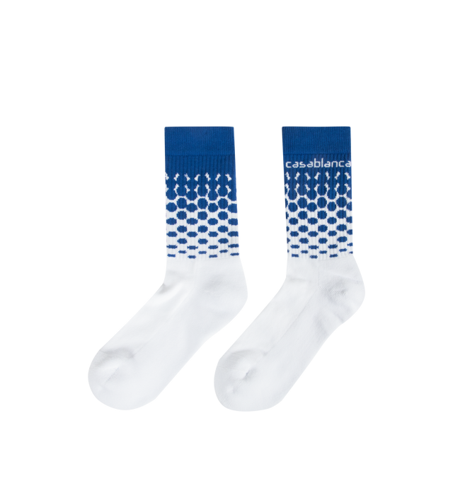 Image 2 of 2 - BLUE - CASABLANCA Beyond Destiny Gradient Socks featuring halftone pattern, rib legs and a contrast Casablanca logo on the cuffs. 87% recycled cotton 12% polyamide 1% elastane. Made in Portugal. 
