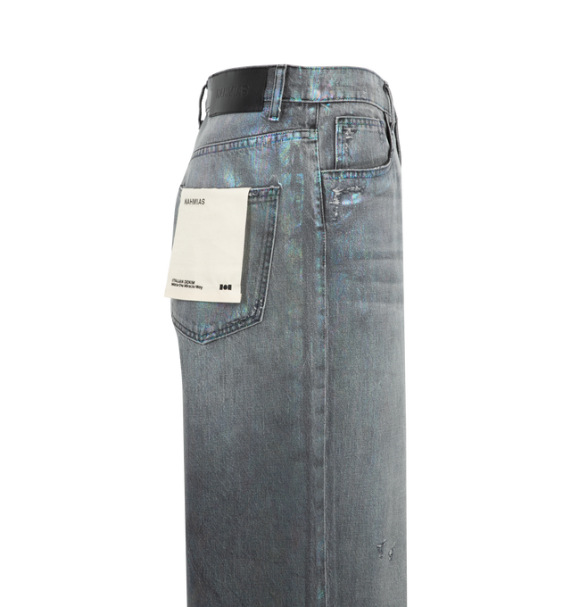 Image 3 of 3 - GREY - NAHMIAS Oil Spill Baggy Jean featuring five pocket styling, baggy fit and holes in the legs. 100% cotton. 