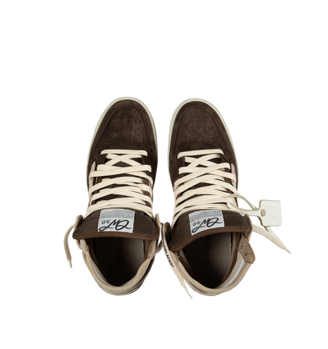 Image 5 of 5 - BROWN - Off-White 3.0 Off Court Sneakers High-Top Sneakers crafted from calf leather featuring a basketball-inspired high-top silhouette, signature Zip Tie tag and Arrows logo print to the side, perforated toebox, round toe, front lace-up fastening and ridged rubber sole. Made in Italy. 100% Rubber sole, 70% Leather, 15% Polyamide, 14% Polyester, 1% Elastane.  