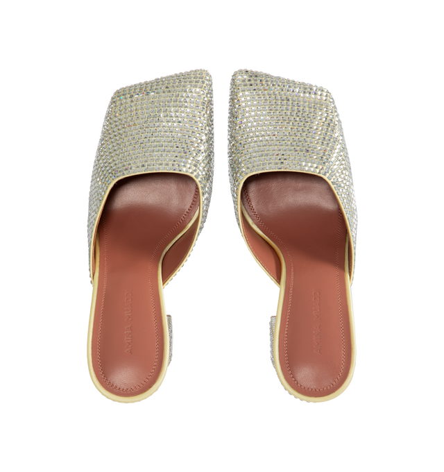 Image 4 of 4 - GOLD - AMINA MUADDI Charlotte Crystal Mule Satin featuring block heel, crystal embellished and square toe. 100% satin. Lining: 100% goat. Sole: 70% leather, 30% rubber.  