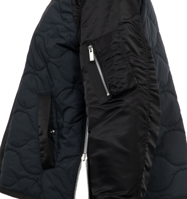 Image 3 of 4 - BLACK - SACAI Nylon Twill X Ripstop Jacket featuring two way zip front closure, zip sides, quilted front and back, slit pockets with snap button closure on front, zip pocket on sleeve and stand collar.  