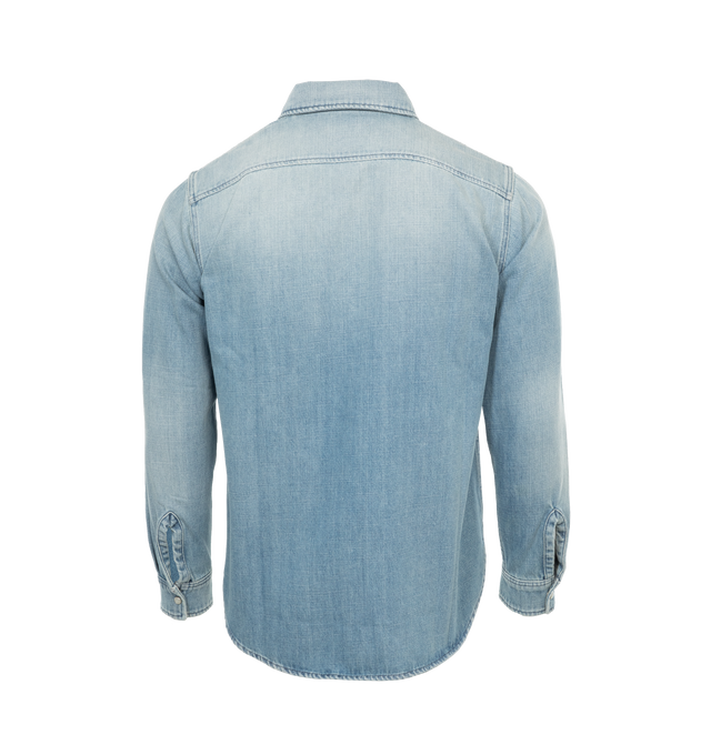 Image 2 of 3 - BLUE - SAINT LAURENT Sarli Denim Shirt featuing front pockets, classic collar, mother of pearl button closure and long sleeves. 100% cotton. 