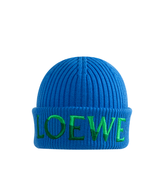 Image 1 of 2 - BLUE - Loewe Beanie in Wool is crafted from medium-weight ribbed wool knit and features a classic minimalist silhouette designed for everyday wear. The textured ribbed construction provides warmth and comfort, while the understated design reflects the house's signature approach to refined essentials. Main Material: Wool. Features: medium-weight knit, ribbed construction. Height 26 cm x Width 21.5 cm. 