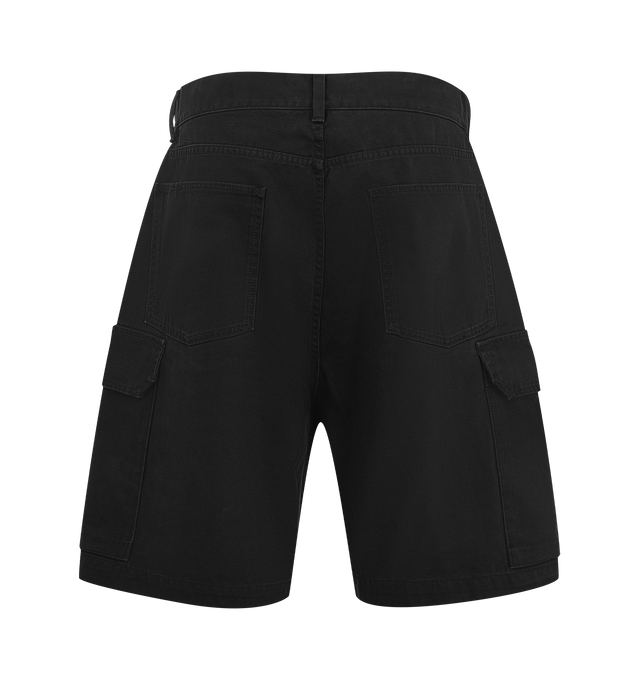 Image 2 of 3 - BLACK - JW Anderson Men's Twisted Patch Pocket Shorts featuring twisted patch pocket shorts, utilitarian detailing and logo embossed leather patch. 100% Cotton. Made in Japan. 