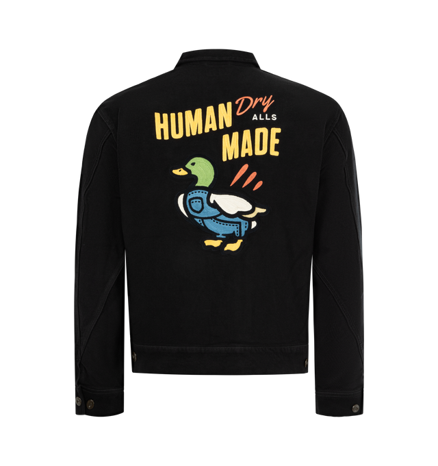Image 2 of 2 - BLACK - HUMAN MADE Zip-Up Work Jacket featuring short length, thick cotton with a fine, textured striped pattern, two flap pockets on the front, duck graphic on the back, graphic expressed with chain stitching, brand logo on the left chest and drawcord with adjuster tabs with heart buttons. 100% cotton.  