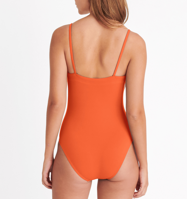 Image 5 of 6 - ORANGE - ERES Aquarelle Tank One-Piece Swimsuit featuring thin straps, wraparound neckline seam and straight back straps. Main: 84% Polyamid, 16% Spandex. Second: 68% Polyamid, 32% Spandex. Made in France.  