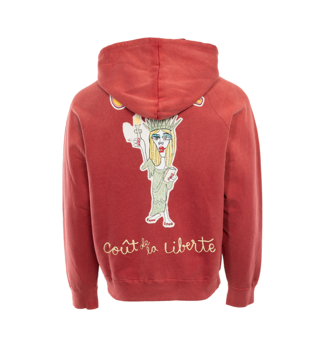 Image 2 of 4 - RED - COUT DE LA LIBERTE Diddy French Terry Hoodie featuring logo on chest and back, pouch pocket, long sleeve, banded cuffs and hem, hood and pullover style. 100% cotton. 