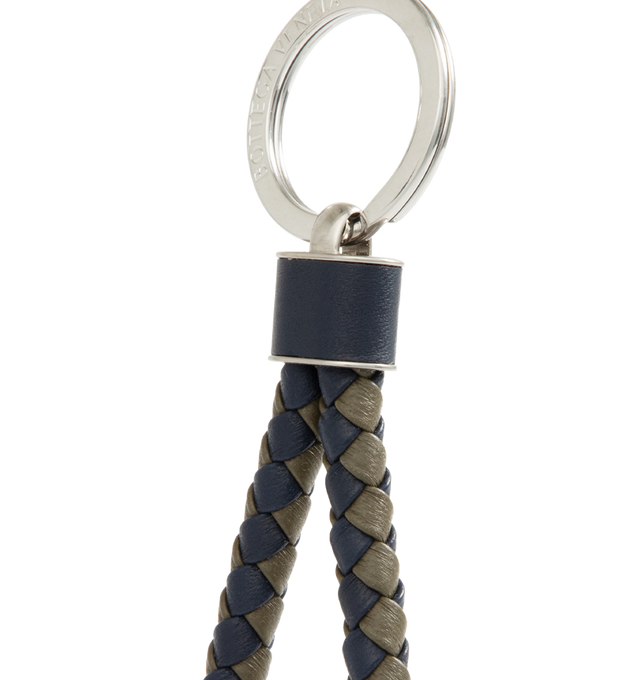 Image 2 of 2 - NAVY - BOTTEGA VENETA Intreccio Key Ring featuring bi-color nappa leather keyring. Lambskin. 5.1 x 1.4 x 0.2. Made in Italy. 