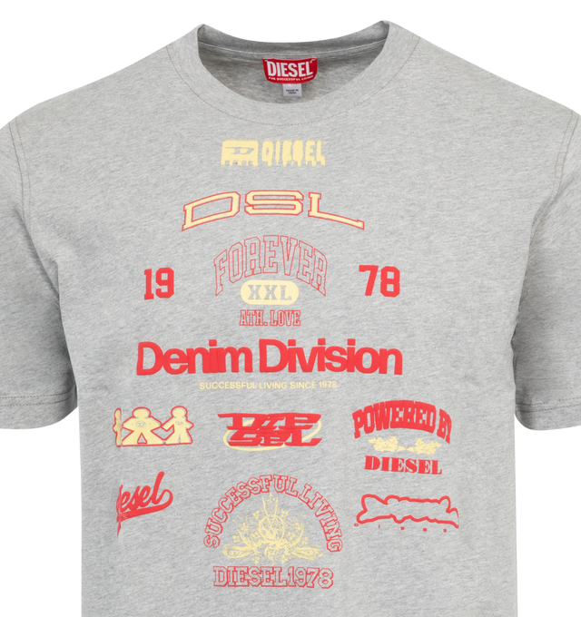 Image 2 of 2 - GREY - DIESEL T-Just-N14 T-shirt featuring regular-fit tee, organic cotton jersey, mixture of prints, proudly showcasing Diesel's range of iconic logos. 100% cotton. 