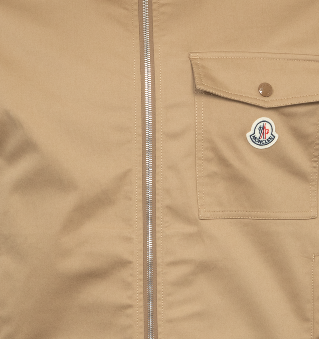 BROWN - MONCLER Zip Up Work Shirt featuring long sleeves, zip up front closure, collar, snap closure side pockets, snap closure chest flap pocket and logo. 