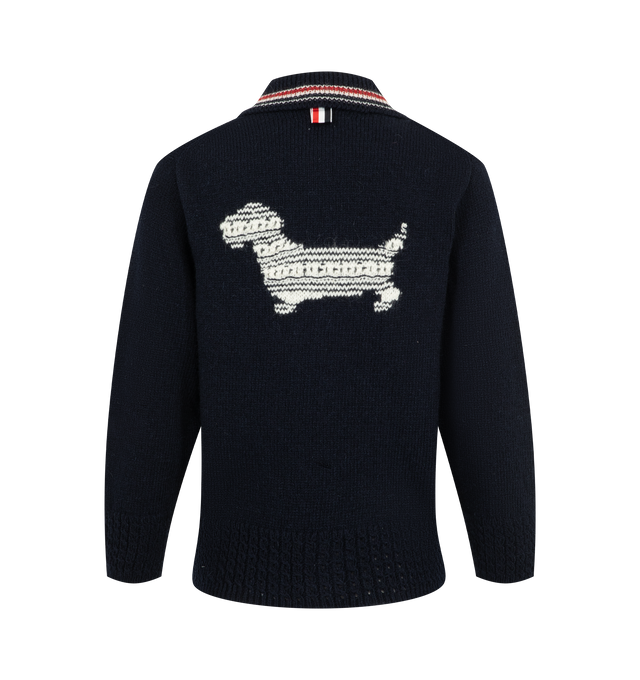 Image 2 of 2 - NAVY - Thom Browne Women's Donegal RWB Stripe Hector Pointelle Cardigan is crafted from Donegal yarn with a softly flecked finish and features a ribbed polo collar and placket accented with signature RWB intarsia. Designed with a cropped 3/4-sleeve silhouette, the cardigan is detailed with a pointelle Hector intarsia at the back in tribute to Thom Brownes iconic dachshund. Ribbed cuffs and hem and the brands signature striped grosgrain loop tab complete the knitwear design. Main Material: 70% 