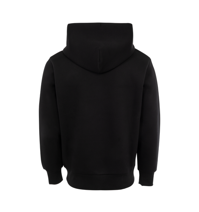 Image 2 of 2 - BLACK - Moncler Logo Patch Neoprene Hoodie has an attached drawstring hood, a signature logo patch, a kangaroo pocket, and ribbed trims. 55% cotton, 45% polyester. Made in Turkey.  