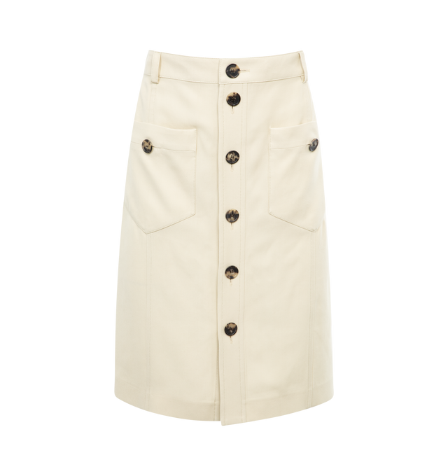 Image 1 of 2 - WHITE - SAINT LAURENT Midi Skirt featuring front button closure, two buttoned patch pockets at the front, waistband with loops and midi length. 100% viscose. 