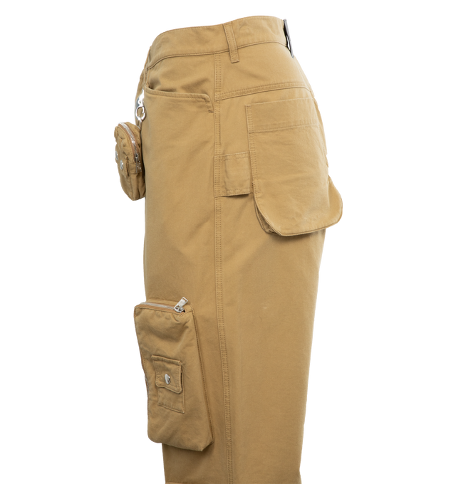 Image 3 of 4 - BROWN - LANVIN LAB X FUTURE Utility Pocket Pants featuring relaxed fit, faded effect, belt loops, multiple patch pockets with metal buttons and zippers and removable pocket with metal snap hook at the waist. 100% cotton woven. Made in Italy. 