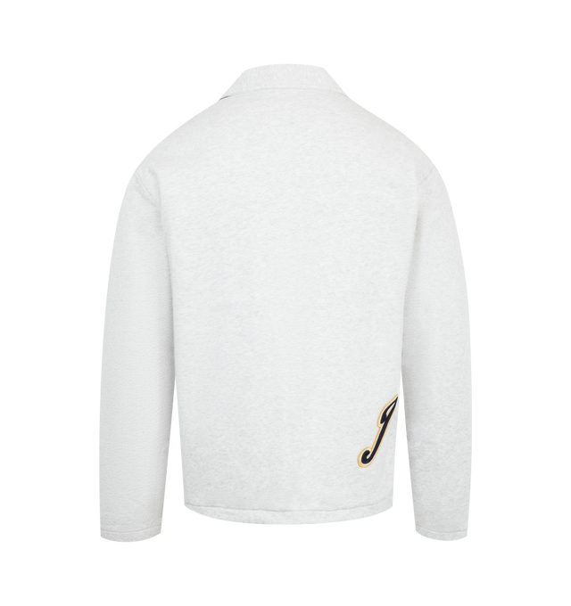 Image 2 of 3 - WHITE - JACQUEMUS Gio Overshirt featuring relaxed fit, brushed cotton fleece, pointed collar, snap button closure, embroidered varsity patch on the front, welt pocket, drawstring hem, embroidered J patch on the back, hip length and fully lined in jersey. 100% cotton. Lining: 100% cotton. Made in Portugal. 
