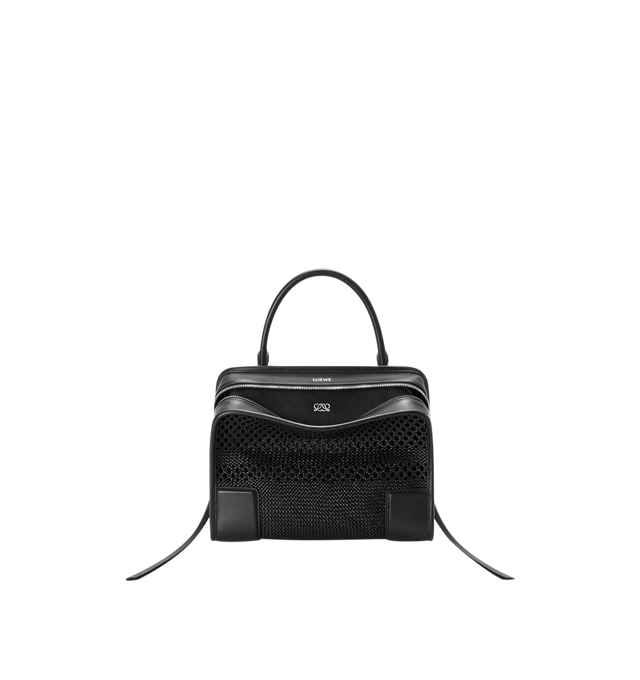 Image 1 of 14 - BLACK - Loewe Women's Medium Amazona 180 Bag is crafted from woven nappa calfskin and features a relaxed silhouette inspired by one of the house's iconic designs. Designed with a single Toron top handle and removable shoulder strap, it can be carried by hand, over the shoulder, or crossbody. A concealed magnetic closure, zip fastening with dual leather pullers, two compartments, an internal flat pocket, and a side D-ring provide functional organization. Finished with palladium-tone hardware, 