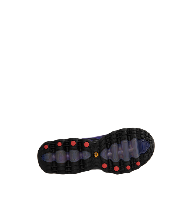 Image 4 of 5 - PURPLE - NIKE Air Max Dn8 Sneaker featuring dynamic Air system with dual-chambered tubes and tuned pressure levels, rubber outsole, plush foam underfoot, sculpted upper made of lightweight mesh on top, while slashes at the sides reveal open mesh for more breathability, plastic heel clip and extra layer across toe tip adds durability. 