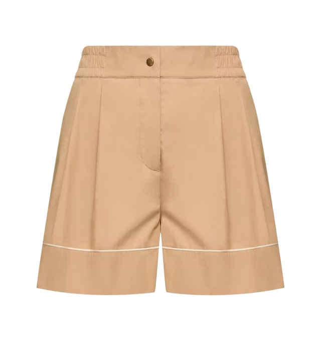 Image 1 of 1 - NEUTRAL - Moncler Womens Tailored Cotton Blend Shorts are crafted from a lightweight cotton and nylon blend designed for comfort, movement, and everyday versatility. This relaxed silhouette features a tailored design with a comfortable elasticized waistband for ease of wear. Features a zip and snap-button closure, slant pockets, and signature logo patch detailing. Base Fabric: 82% Cotton, 18% Polyamide / Nylon. Made in Romania. 