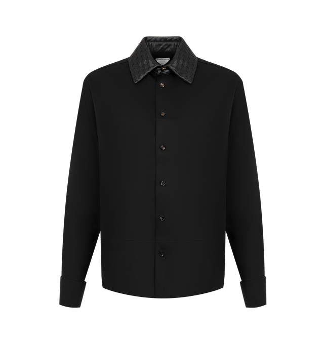 Image 1 of 3 - BLACK - Bottega Veneta Womens Lightweight Crafted of lightweight wool twill, Bottega Venetas shirt features an Intrecciato leather collar, long sleeves with button cuffs, and luxe Italian craftsmanship. Spread collar Long sleeves, button cuffs Button-front closure 100% wool Collar: 100% leather. Made in Italy. 
