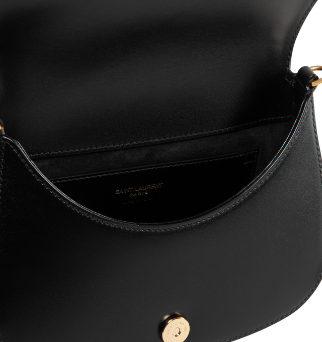 Image 3 of 3 - BLACK - Saint Laurent YSL Adjustable Handle Bag has an adjustable handle for hand or shoulder carrying, a signature logo, bronze-tone hardware, magnetic snap closure, and 1 interior pocket. Suede lining. 6.9 x 8.3 x 3.1 inches. 100% lambskin. Made in Italy.  