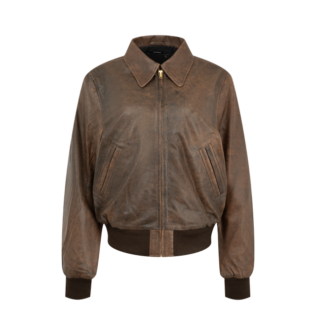 Image 1 of 3 - BROWN - R13 Womens Boyfriend Leather Bomber Jacket is crafted from leather and features an oversized boyfriend silhouette with classic bomber styling. Main Material: Leather. 