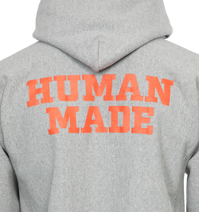 Image 4 of 4 - GREY - HUMAN MADE Heavyweight Hoodie featuring front and back print, heart logo on sleeve, ribbed cuffs and hem and kangaroo pocket. 100% cotton.  