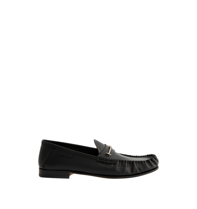 Image 1 of 4 - BLACK - TOM FORD Ripley Double T Loafer in supple goat leather featuring the new Double T hardware in pale gold brass and a classic shape with gathered, braided aprons. 90% calf leather, 10% brass. Made in Italy. 