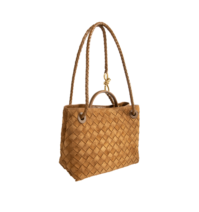 Image 2 of 4 - BROWN - Bottega Veneta Women's Andiamo Small Intrecciato-Suede Top Handle Bag is crafted from supple suede and showcases the houses signature Intrecciato weave. Detailed with gold-tone hardware and the collections signature knot detail, this versatile design features a top handle, a sliding shoulder strap, and a magnetic closure. The thoughtfully organized interior includes one slip pocket, one zip pocket, and two compartments for everyday essentials. Dimensions: 24.8 x 20.3 x 10.2 cm / 9.75  
