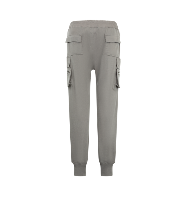 Image 2 of 3 - GREY - Rick Owens Mens Mastodon Cargo Pants are crafted from cotton poplin. Feature a slim fit, elasticized waistband with drawstring, side pockets, zip cargo pannier pockets with flaps and tabs, back flap pockets, and elasticized ankles. Main Material: 97% Cotton, 3% Elastane. Made in Italy. 