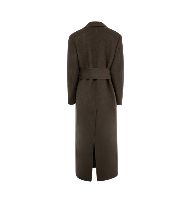 Image 2 of 2 - BROWN - Khaite Lea Wool Belted Coat has a spread collar, a removable self-tie belt closure, side welt pockets, and a back slit. 100% wool. Made in USA. 