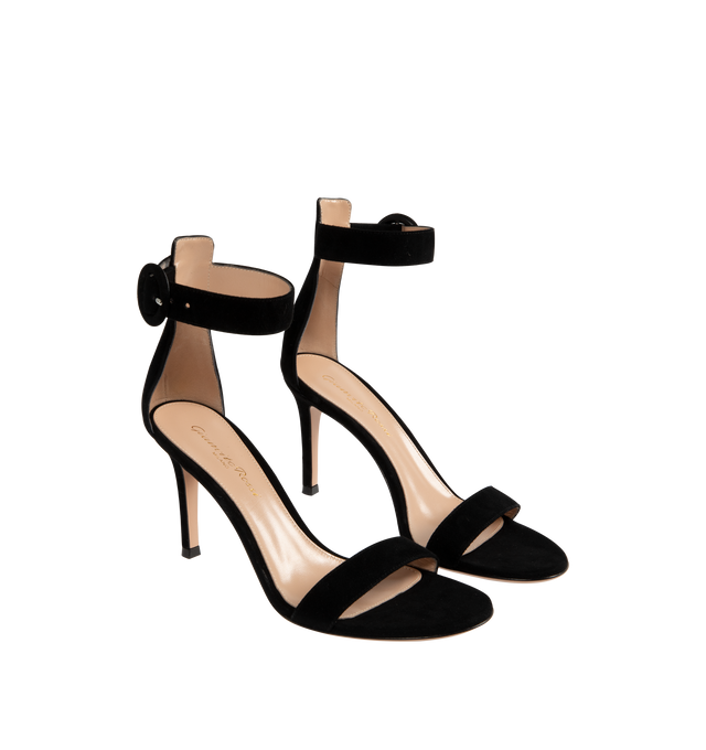 Image 2 of 4 - BLACK - GIANVITO ROSSI Portofino Sandal featuring ankle strap with buckle closure and round toe.  85mm/ 3.5 inches. Suede. 