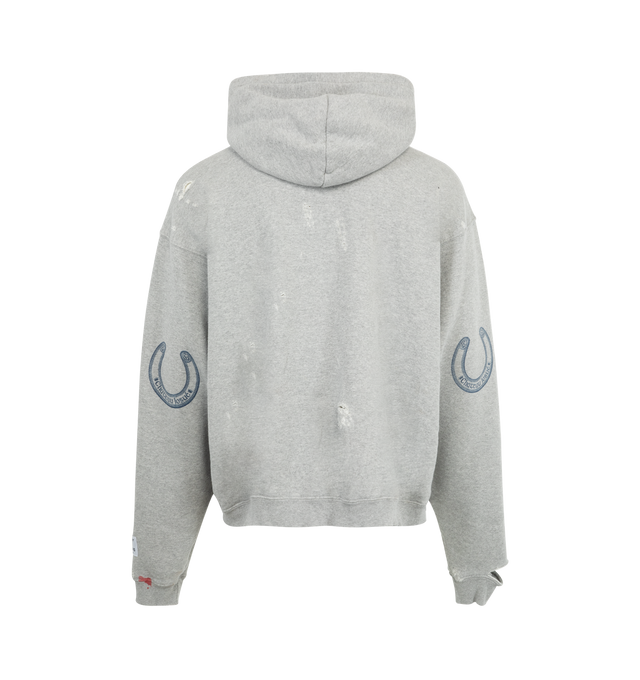 Image 2 of 3 - GREY - GALLERY DEPT. Chateau Ranch Hoodie featuring front pocket, fixed hood, logo on front, graphic on elbows and distressing and paint throughout. 100% cotton. Made in USA. 